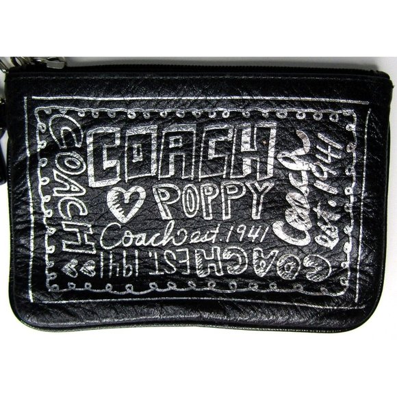 Vintage Coach Poppy Black And Silver Wristlet Purse 6" - Picture 7 of 12